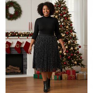 Vince Camuto NWT Plus Size Pleated Chiffon Maxi Skirt in Black and Gold Size 2X